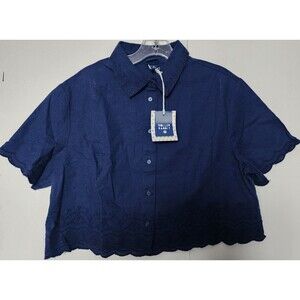 Roller Rabbit Target Womens Blue Navy linen blend crop button up Top M NWT